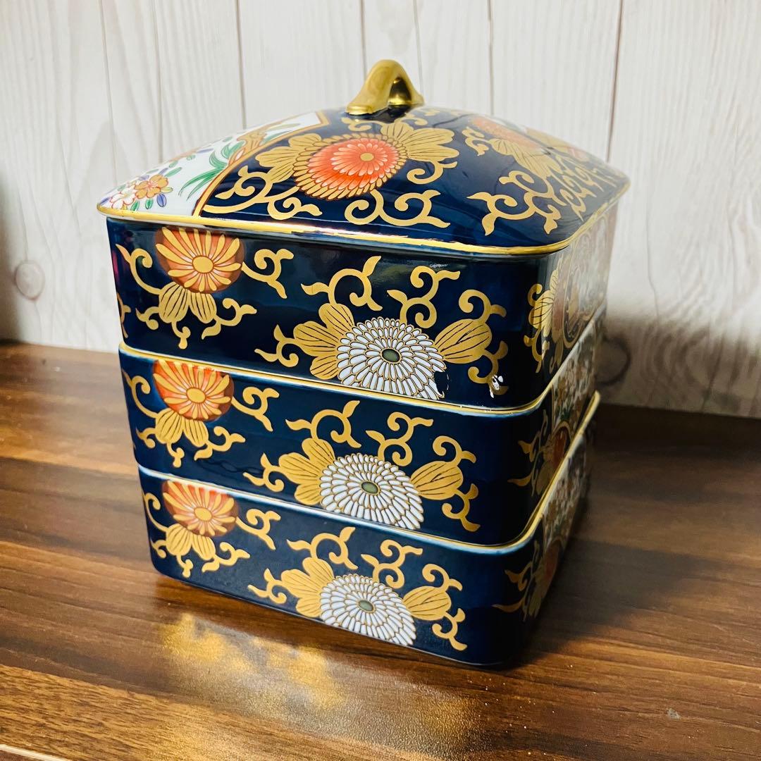 【希少 新品】有田焼 其泉窯 古伊万里 金襴手 三段重 金彩 お重 元箱付き
