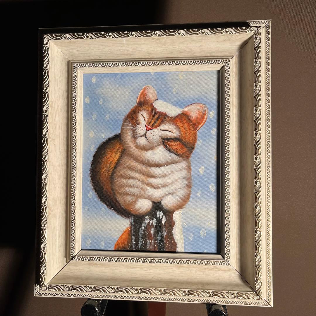 手書き油絵 冬のねこ 額付 絵画 インテリア 油彩画
