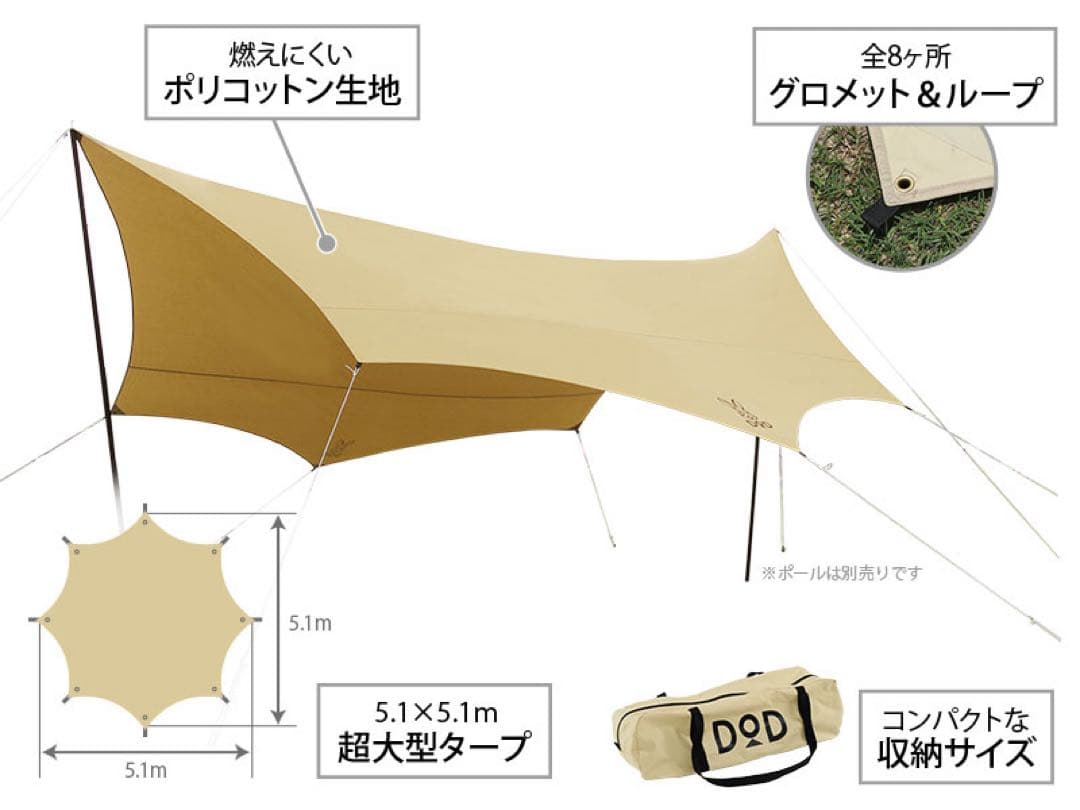 DOD オクラタープ TCタンカラ 収納ケース付き　ガイロープ、ポール付属なし