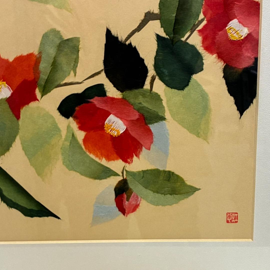 ちぎり絵　椿　額入り　655×503mm