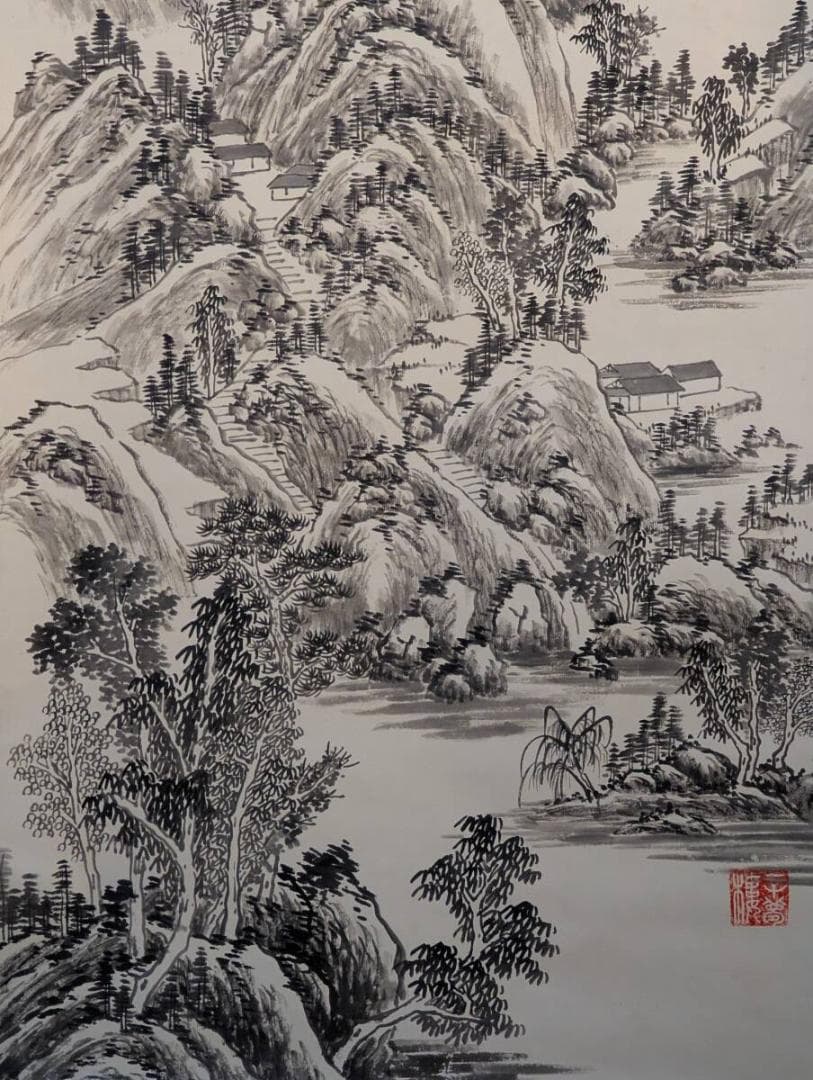 【真作】掛軸　水墨山水図　重なる峰々の幽玄　深山幽谷の景　V180