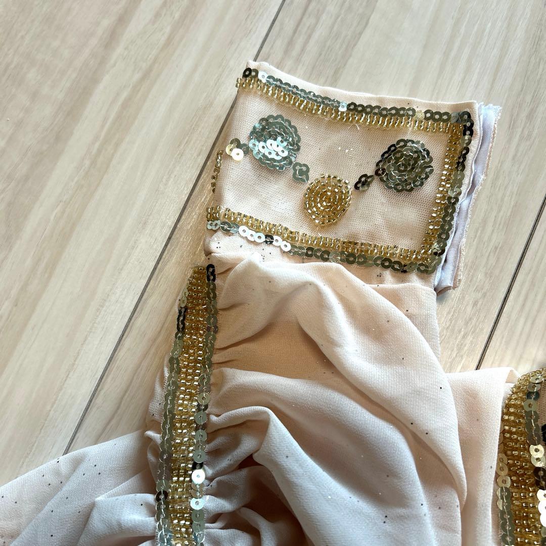 ハリージドレス　ベージュ シフォン ロングドレス 金色刺繍　ワンピース　セット