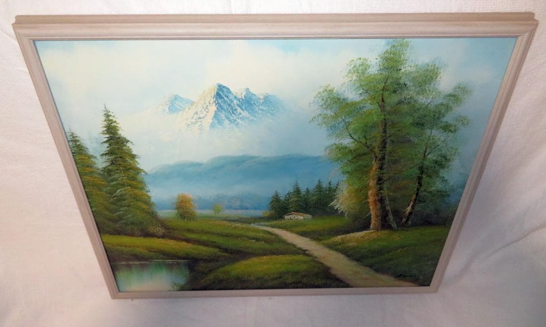 山と湖の風景 油絵 額入り インテリア（中古）