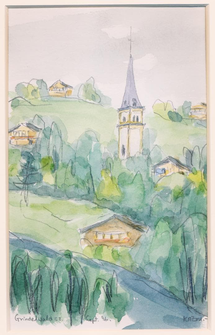★大谷一良 肉筆水彩画「Grindelwaldにて」・サイン入・1996年9月作