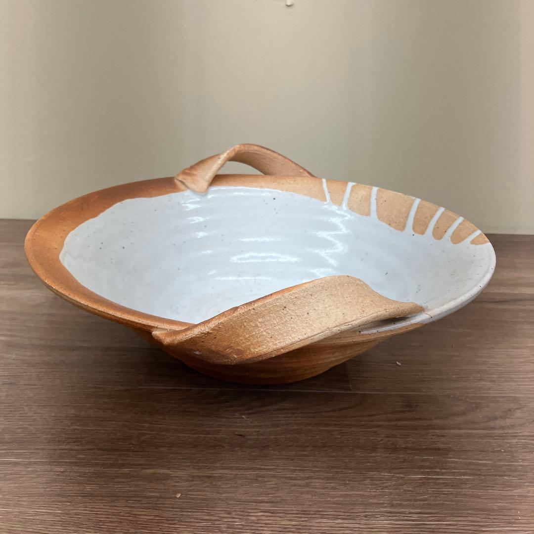 D-4 【作家物】手びねり フルーツ皿 大鉢 盛り鉢 片口風ハンドル付