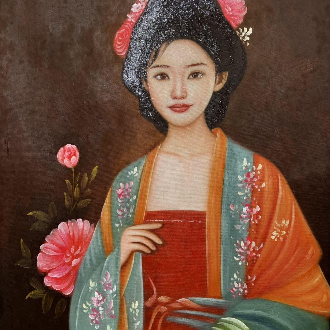 手描き 水彩油画 人物画 尚谊 作品図 中国絵画 約70×100cm 未表装