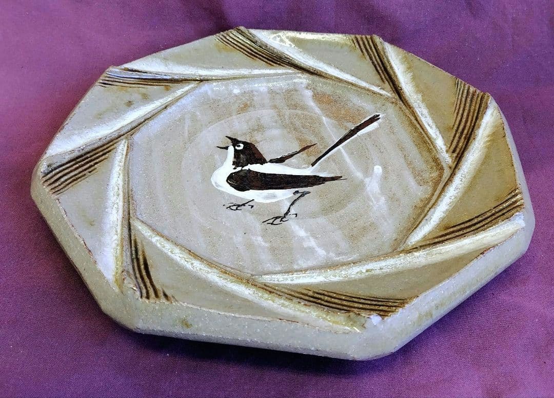 鳥文八角陶額 (未使用 新品同様)