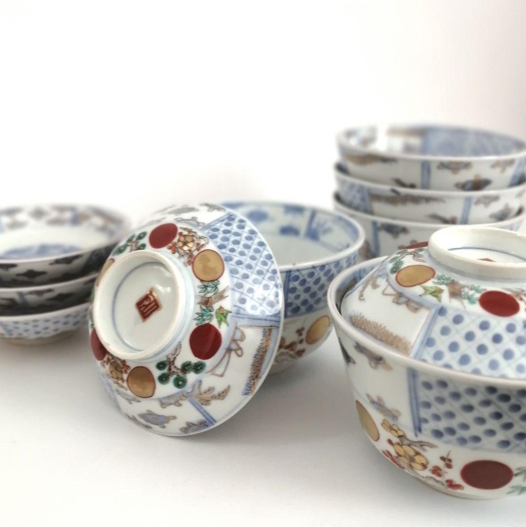 古伊万里　赤玉　松竹梅図　蓋茶碗　5客組