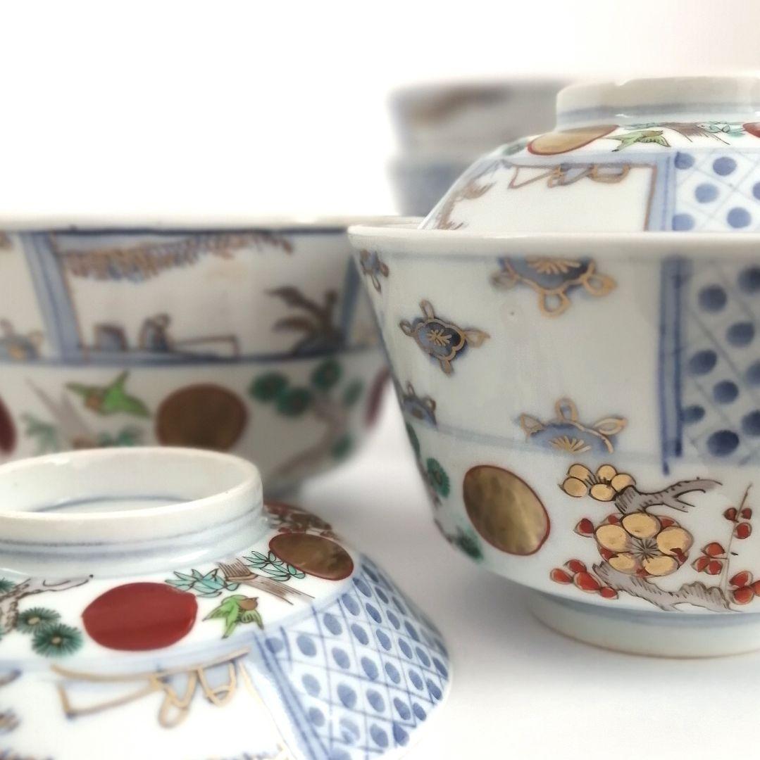 古伊万里　赤玉　松竹梅図　蓋茶碗　5客組
