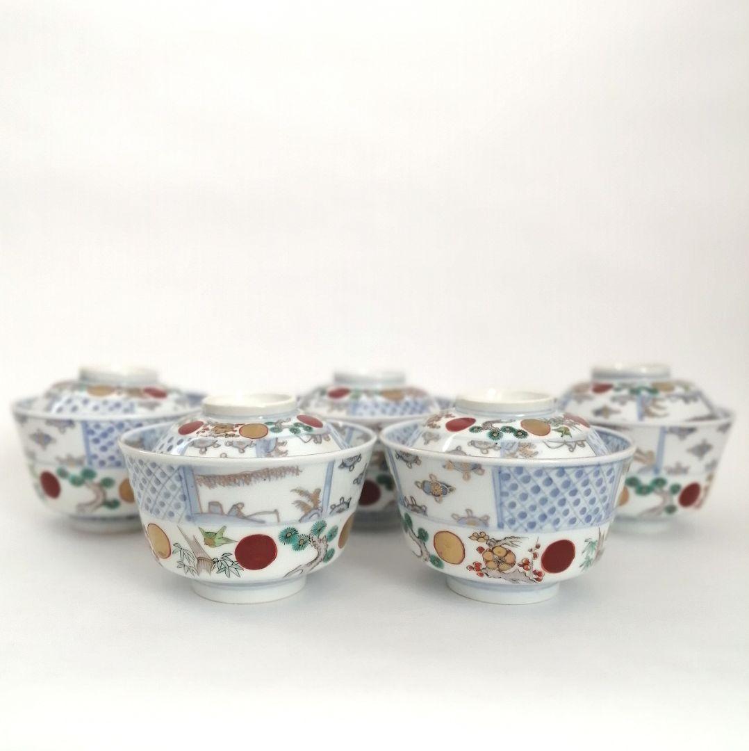 古伊万里　赤玉　松竹梅図　蓋茶碗　5客組