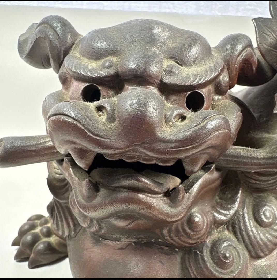 古い備前焼獅子置物 陶印 春芳 牡丹獅子