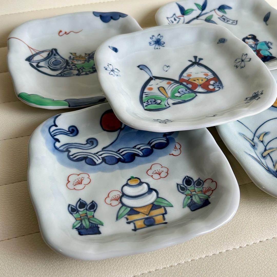 有田焼　五節句　祝い皿　銘々皿　5枚セット　お正月　ひな祭り　取り皿　染付色絵