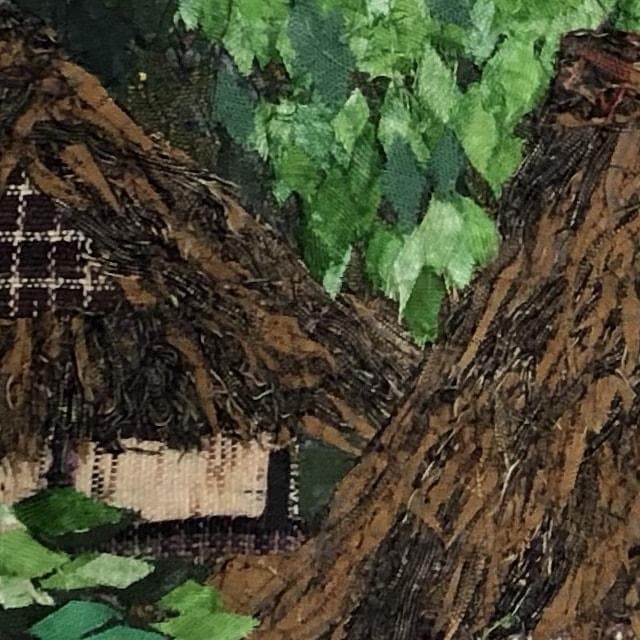 F6　かやぶき屋根　アート作品　布の絵　コラージュ