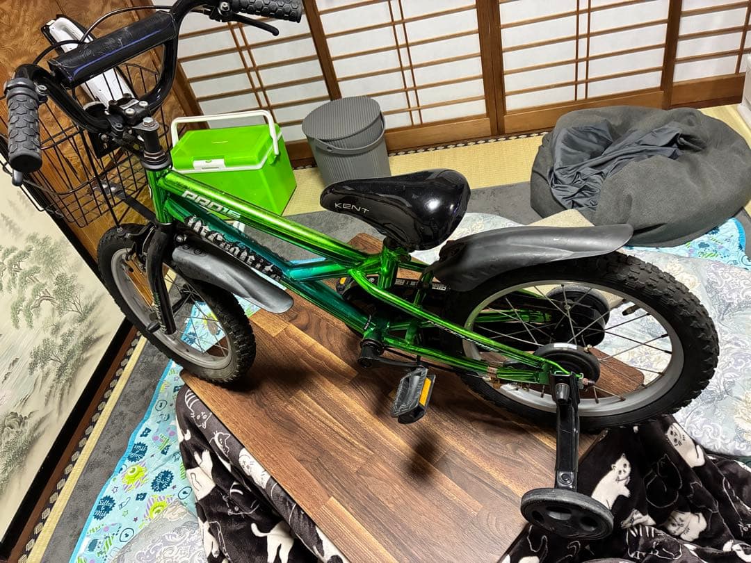 子供用自転車 緑色 補助輪付き