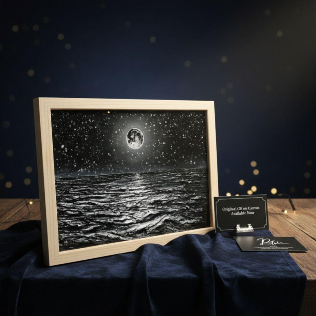 【一点物】油絵 満月と星空の海 B5サイズ 額縁入り ホルベイン画材使用 原画