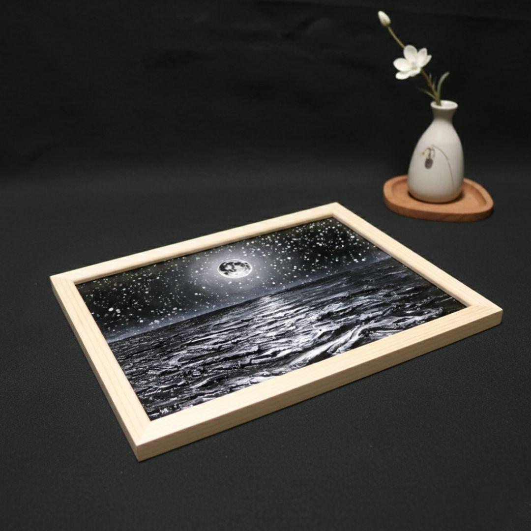 【一点物】油絵 満月と星空の海 B5サイズ 額縁入り ホルベイン画材使用 原画