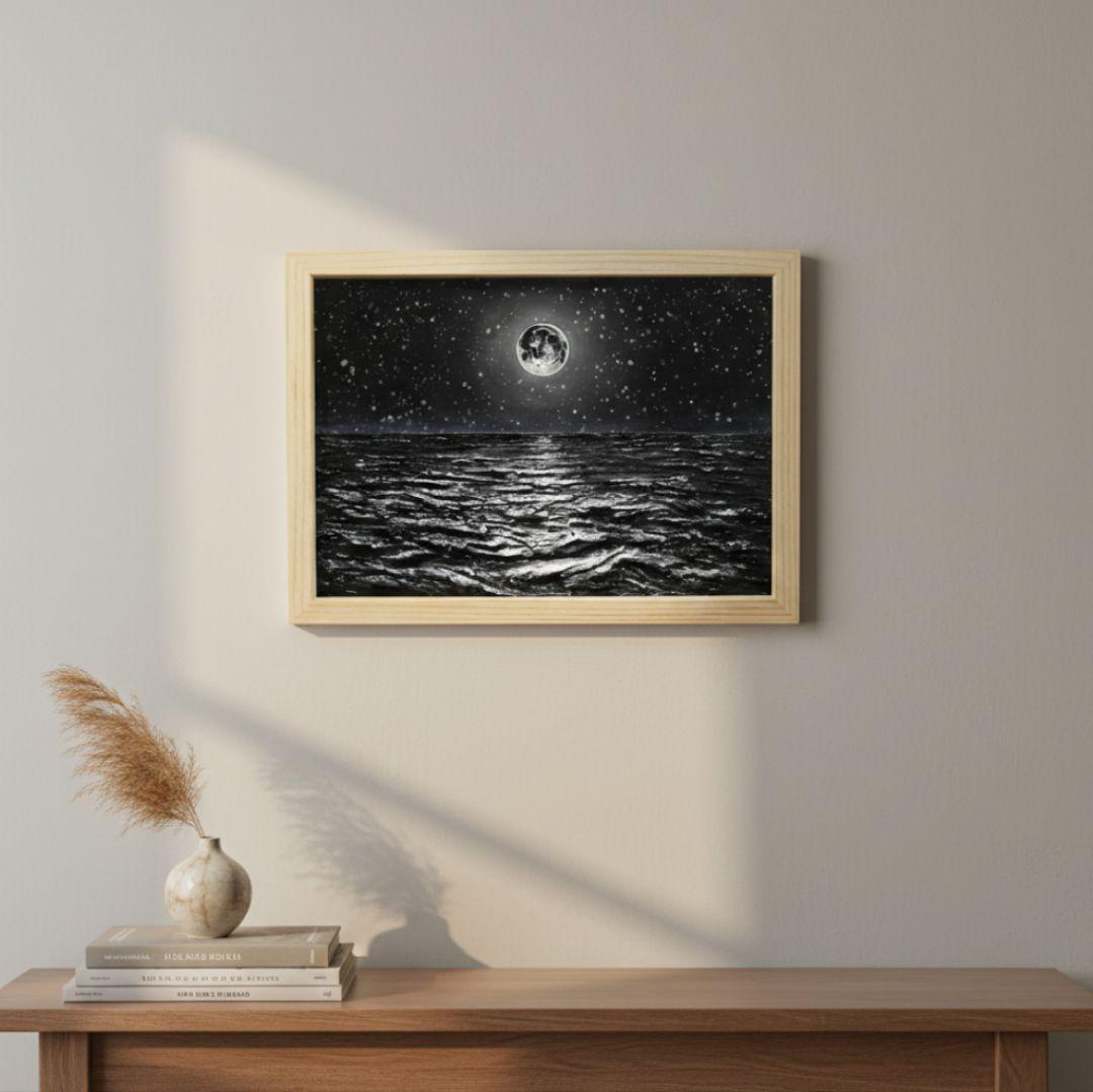 【一点物】油絵 満月と星空の海 B5サイズ 額縁入り ホルベイン画材使用 原画