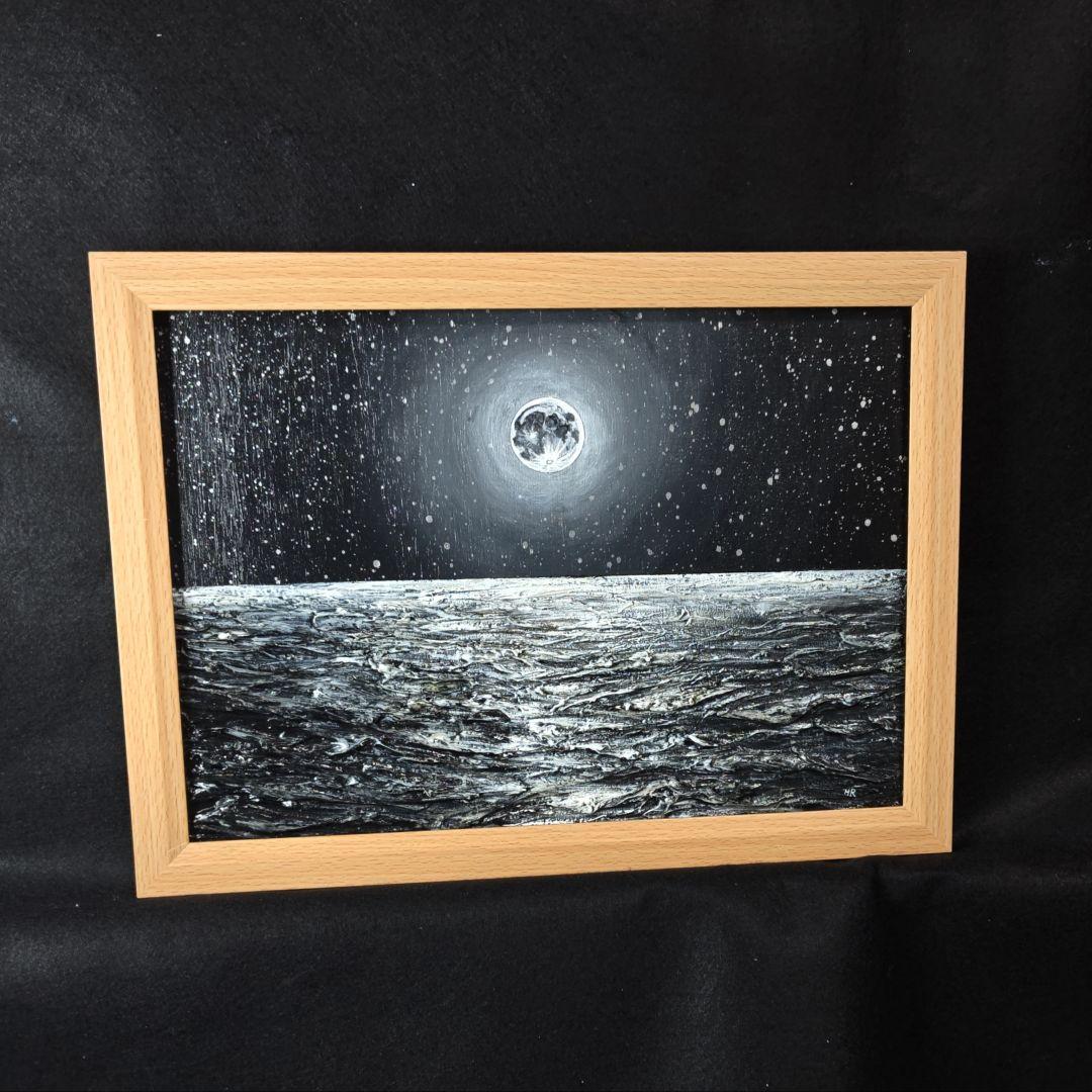 【一点物】油絵 満月と星空の海 B5サイズ 額縁入り ホルベイン画材使用 原画