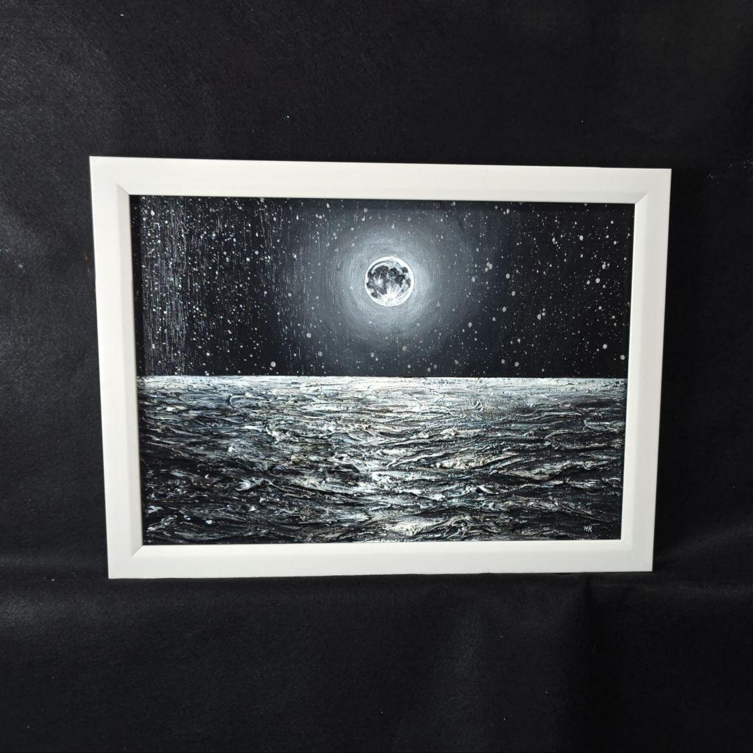 【一点物】油絵 満月と星空の海 B5サイズ 額縁入り ホルベイン画材使用 原画
