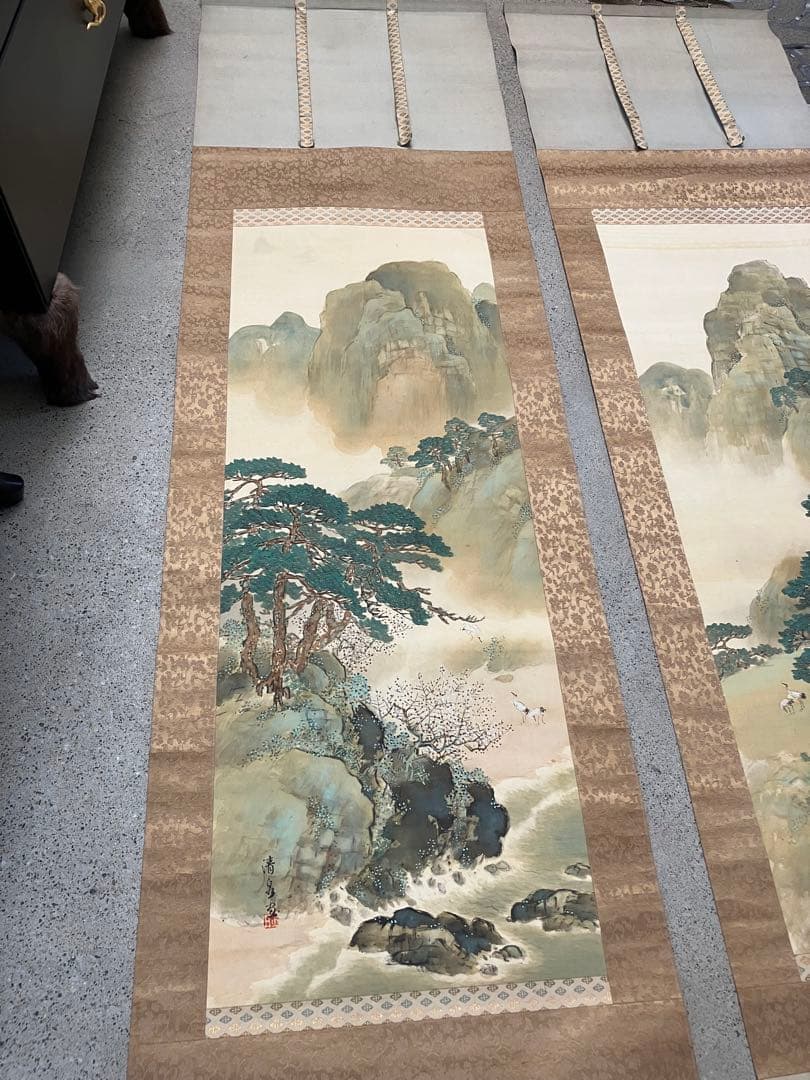 清泉筆　山水画の二幅一対掛軸