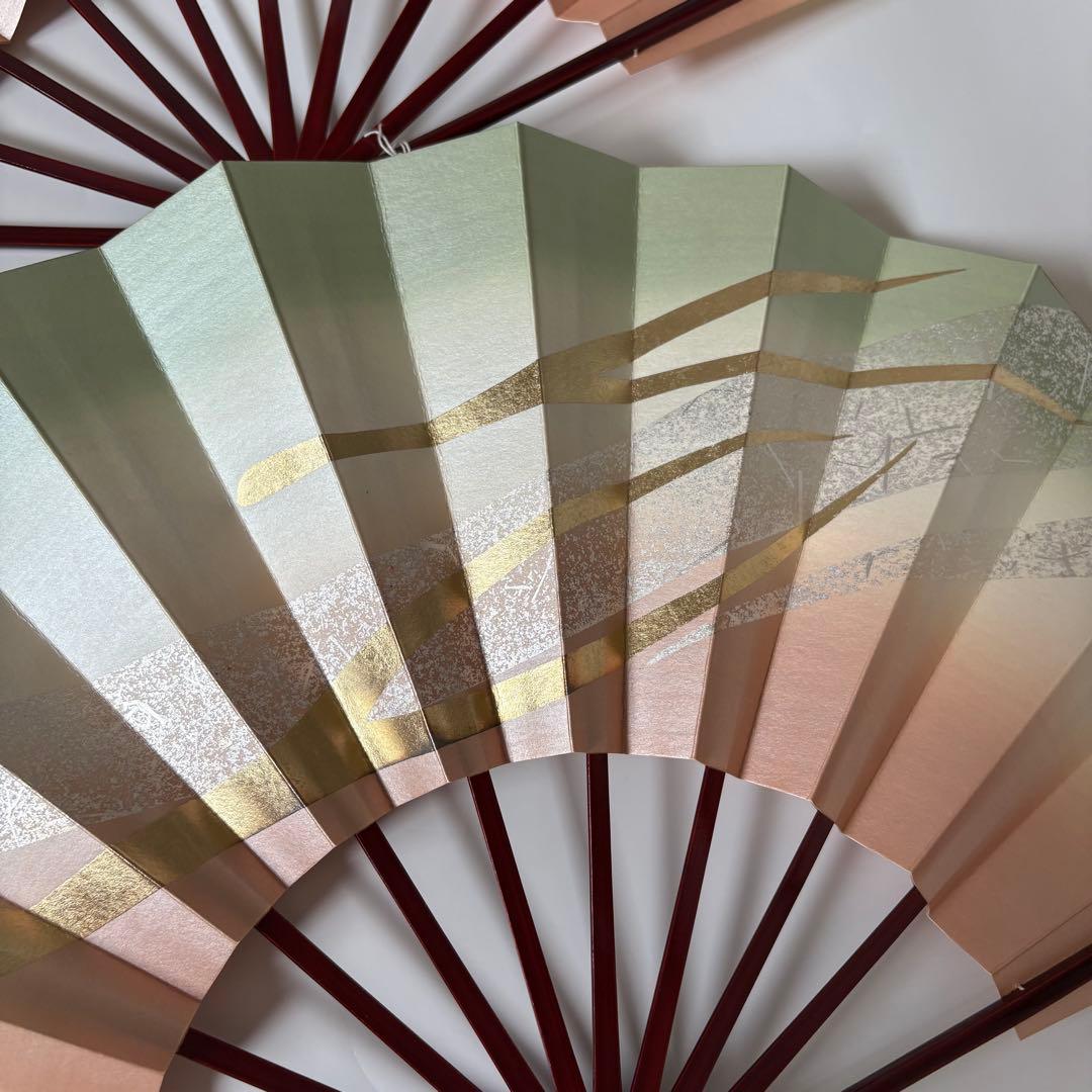 (1000)舞扇　2本セット　パール　赤塗骨　ピンク　　黄緑　金