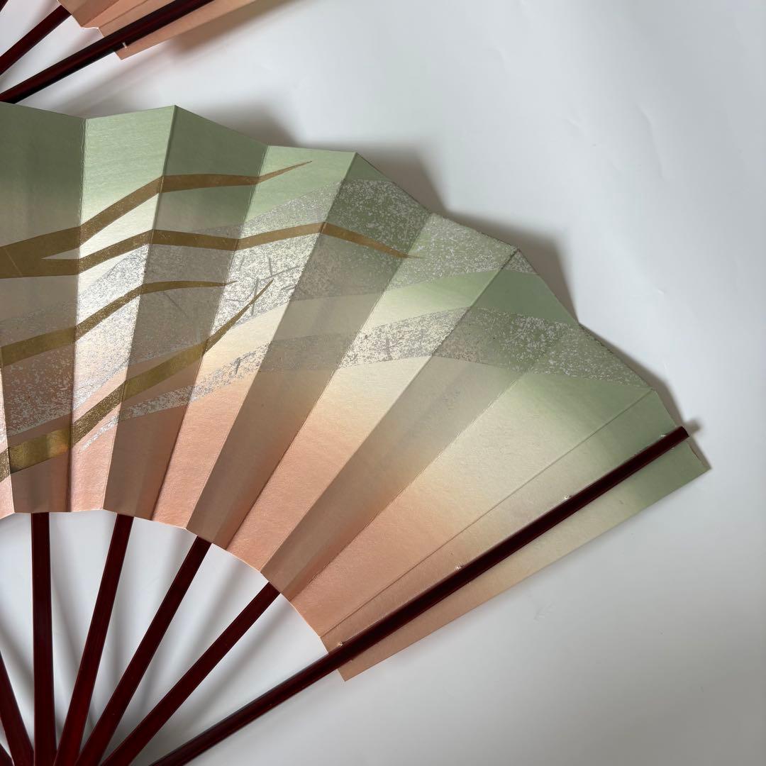 (1000)舞扇　2本セット　パール　赤塗骨　ピンク　　黄緑　金