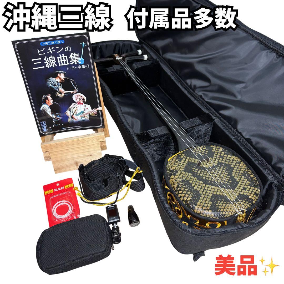 【美品】沖縄三線 三味線 人工革 合皮 ヘビ柄　ソフトケース付 付属品多数★