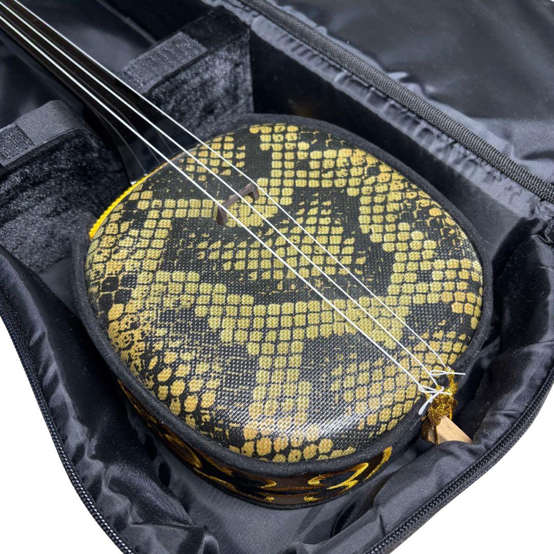 【美品】沖縄三線 三味線 人工革 合皮 ヘビ柄　ソフトケース付 付属品多数★