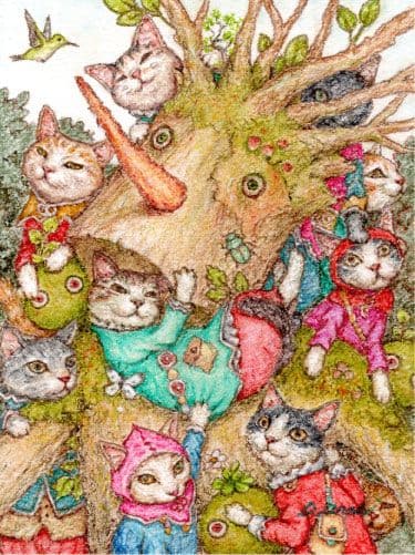 【原画】『木の人と猫たち』猫の絵　絵画　パステル画　アンティーク　植物