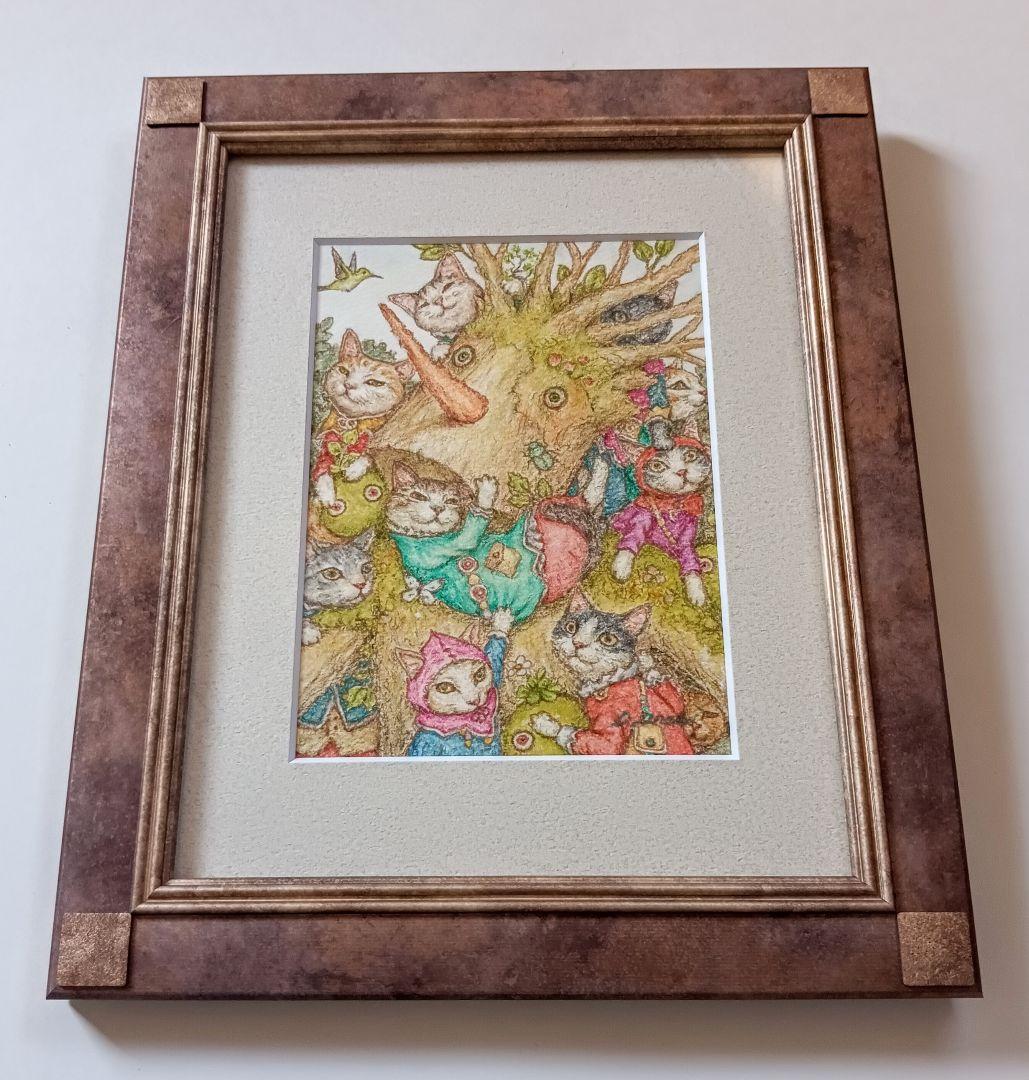 【原画】『木の人と猫たち』猫の絵　絵画　パステル画　アンティーク　植物