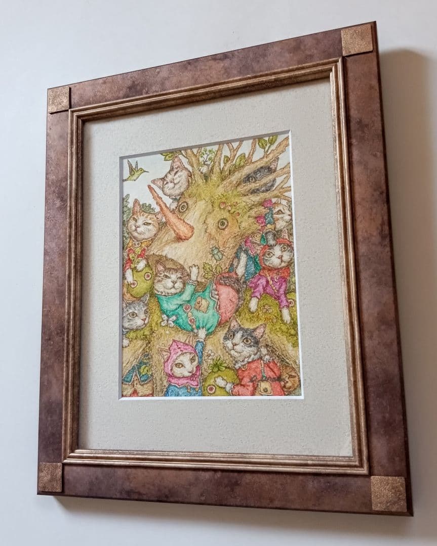 【原画】『木の人と猫たち』猫の絵　絵画　パステル画　アンティーク　植物