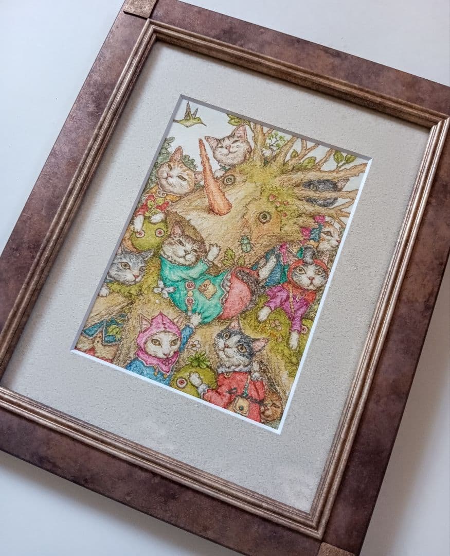 【原画】『木の人と猫たち』猫の絵　絵画　パステル画　アンティーク　植物