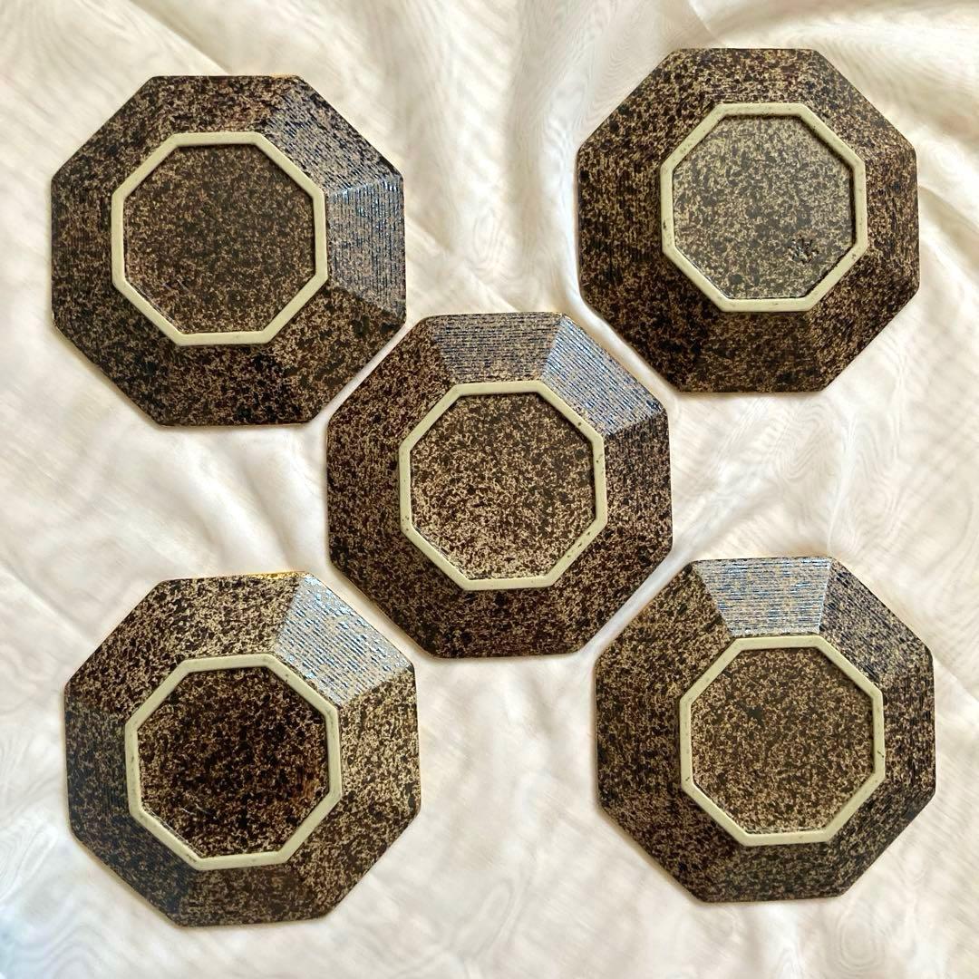 美品★有田焼 陶悦窯 悦山 金彩 黒吹金地紋 八角皿 小皿 銘々皿 5客 お皿