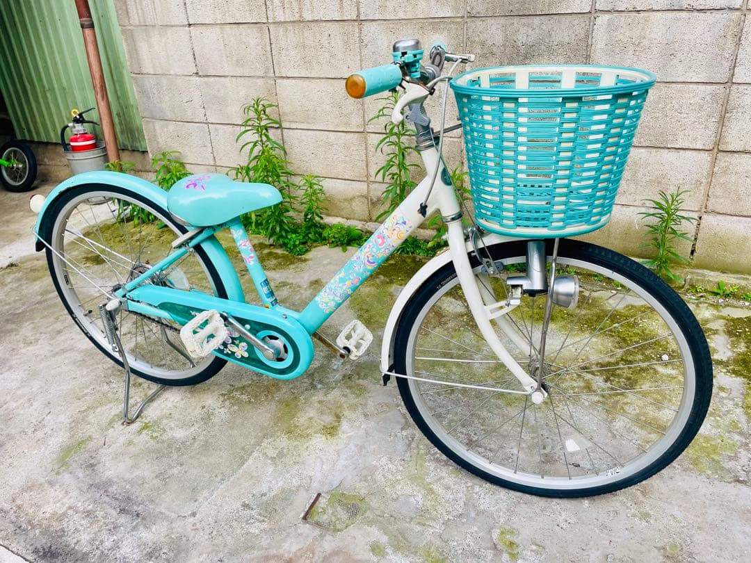子供用自転車 22インチ 水色 花柄 バスケット付き 直接引き取り可