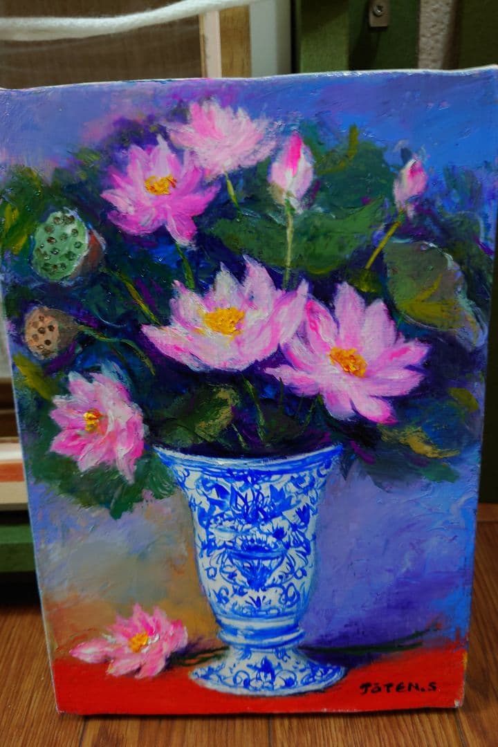 清水 亟典 「蓮の花」真筆 絵画 油絵 油彩 真作