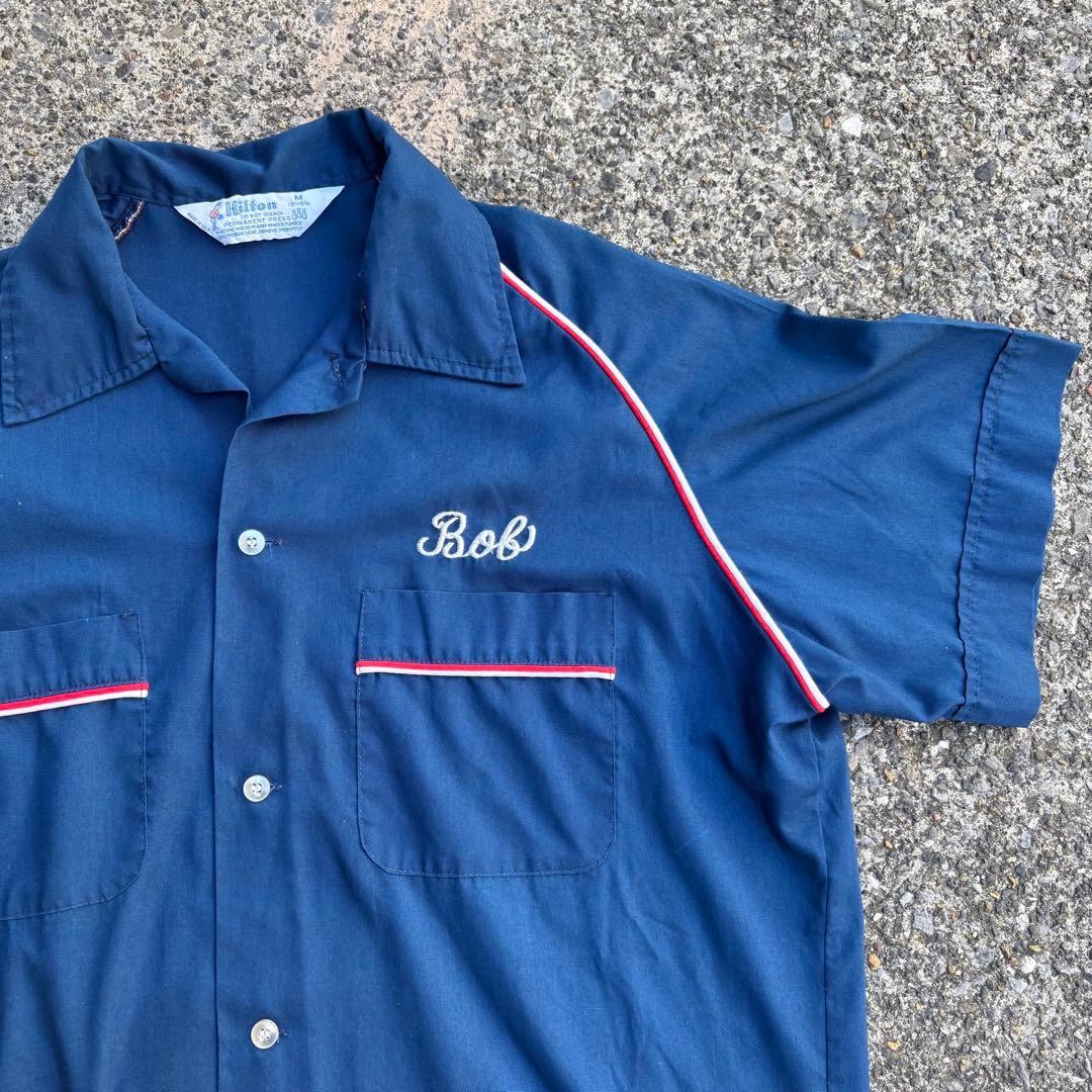 70s Hilton ボウリングシャツ　ネイビー　チェーンステッチ
