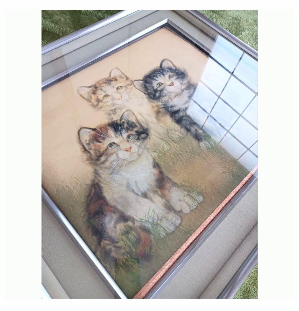 金運開運厄除け◎ 幸運を招く3匹の招き三毛猫 絵画 掛け軸 インテリア レア♪