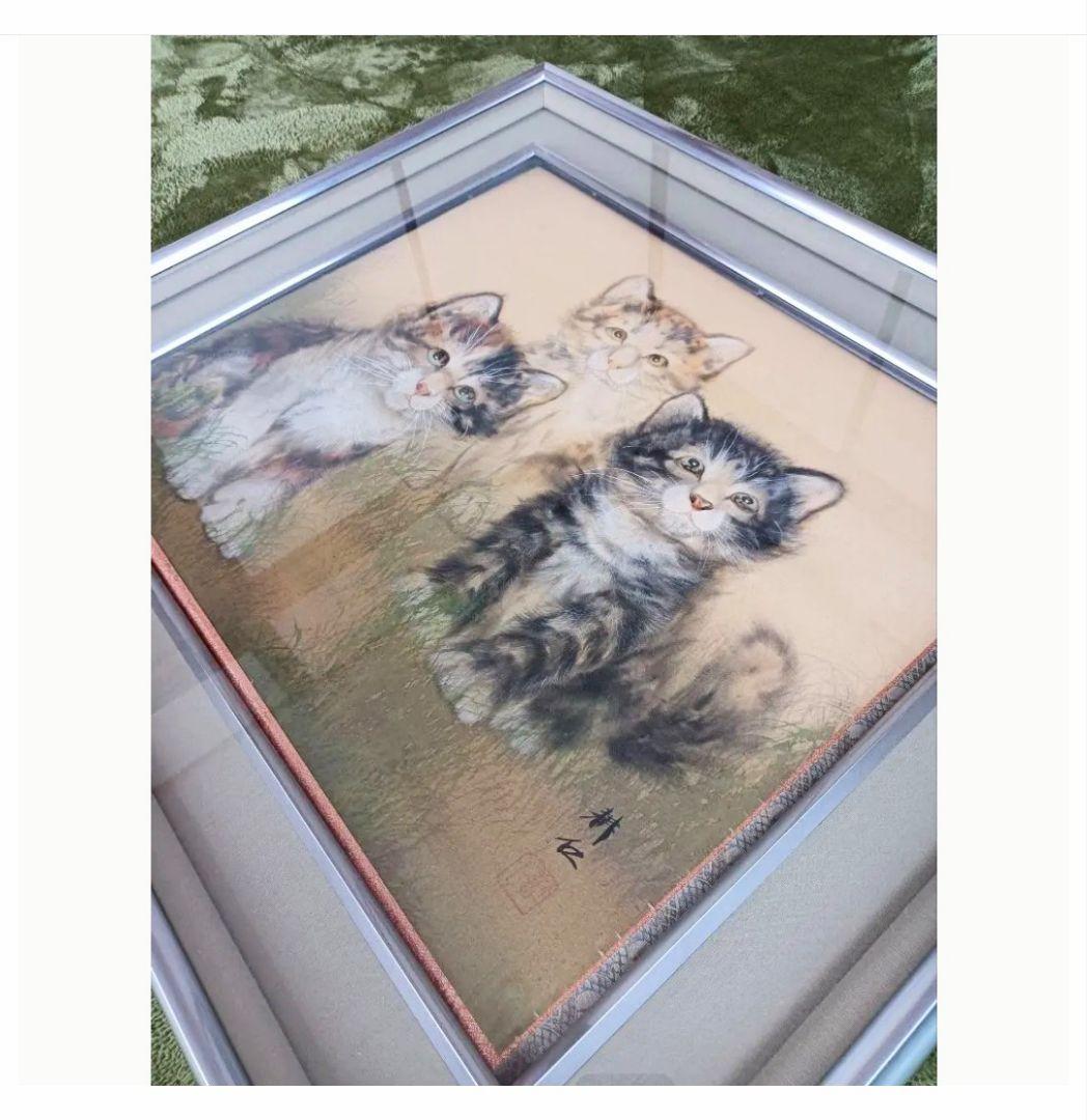 金運開運厄除け◎ 幸運を招く3匹の招き三毛猫 絵画 掛け軸 インテリア レア♪