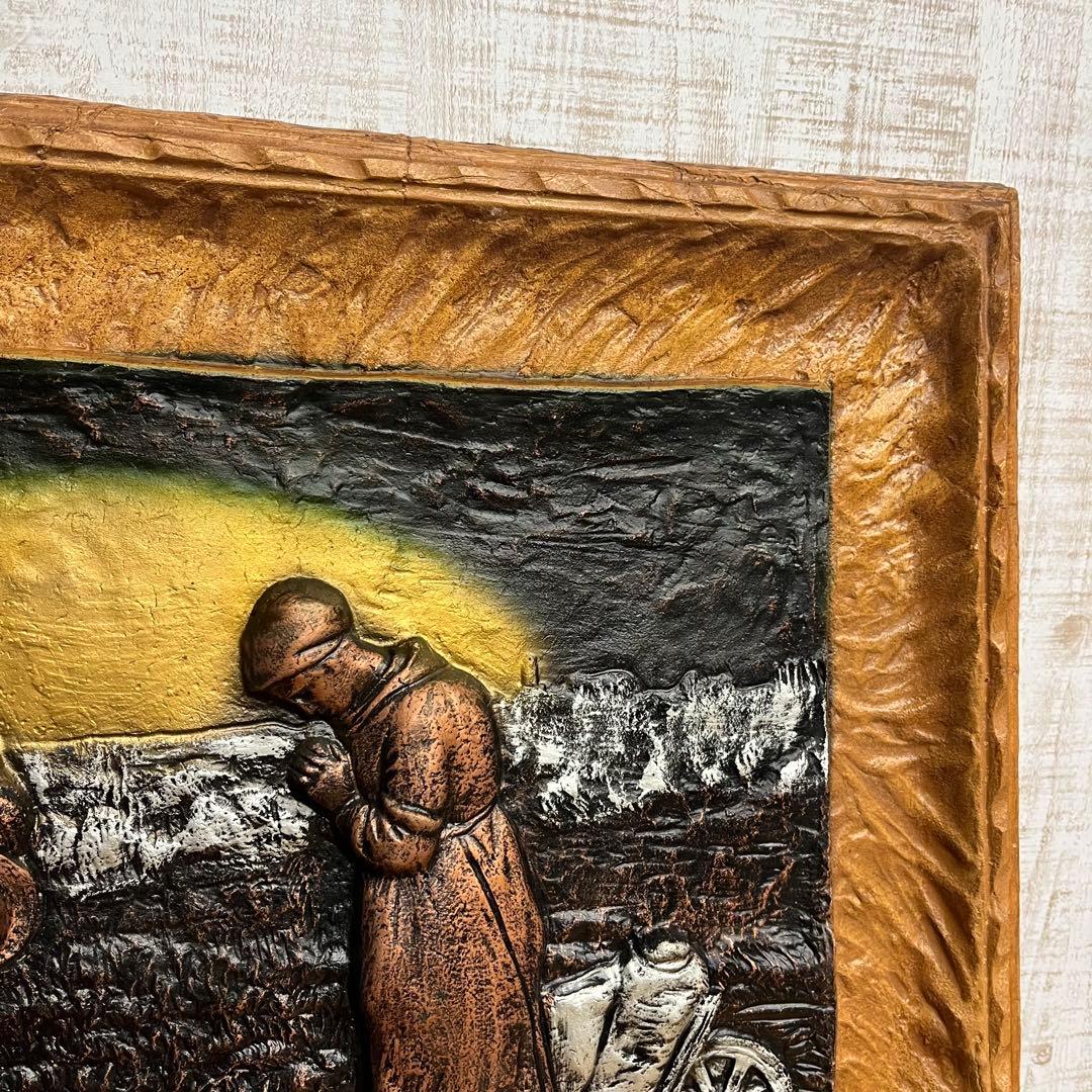 【アンティーク】額装 額縁 彫刻 浮彫 絵画 農場 晩鐘 レリーフ 美術品 骨董