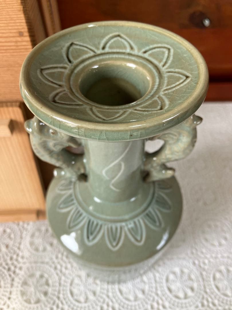 【美品】 花入 雲鶴青磁 祥堂 茶道具