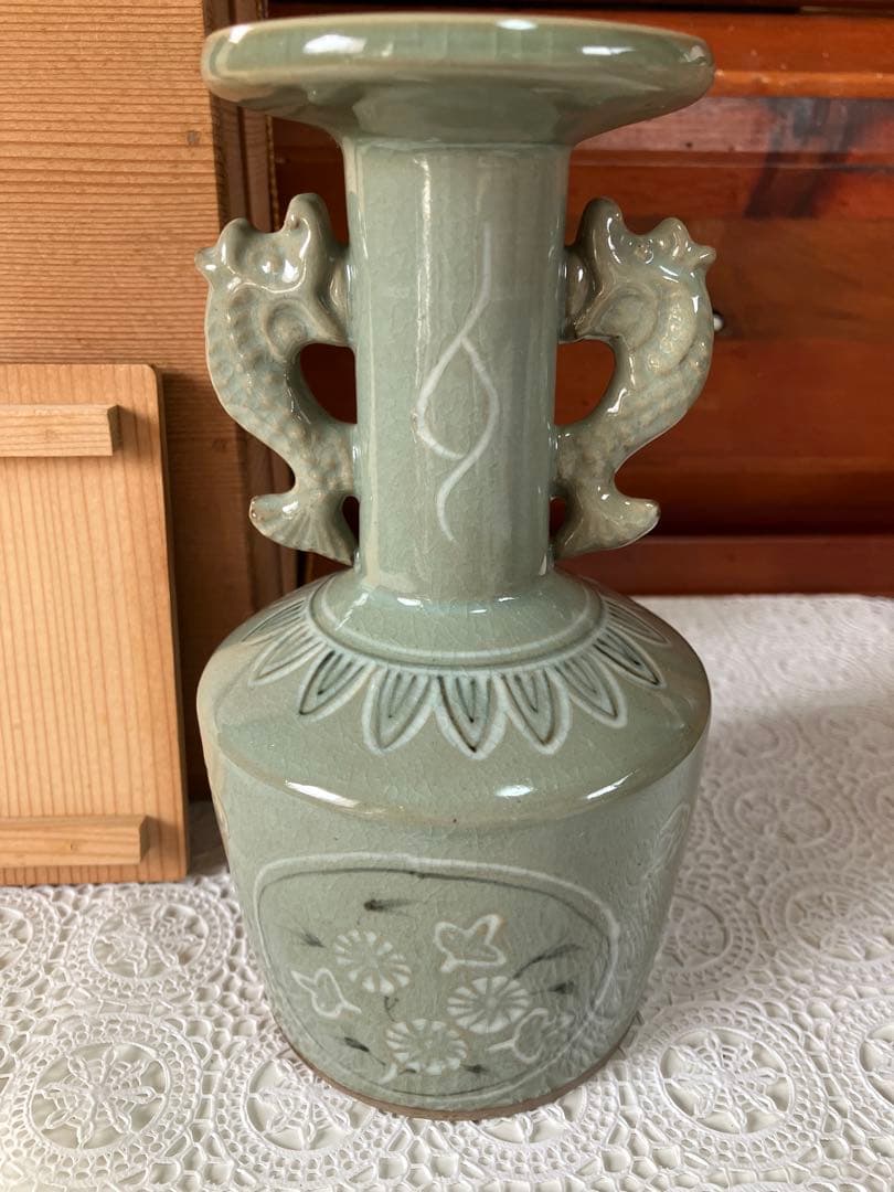 【美品】 花入 雲鶴青磁 祥堂 茶道具