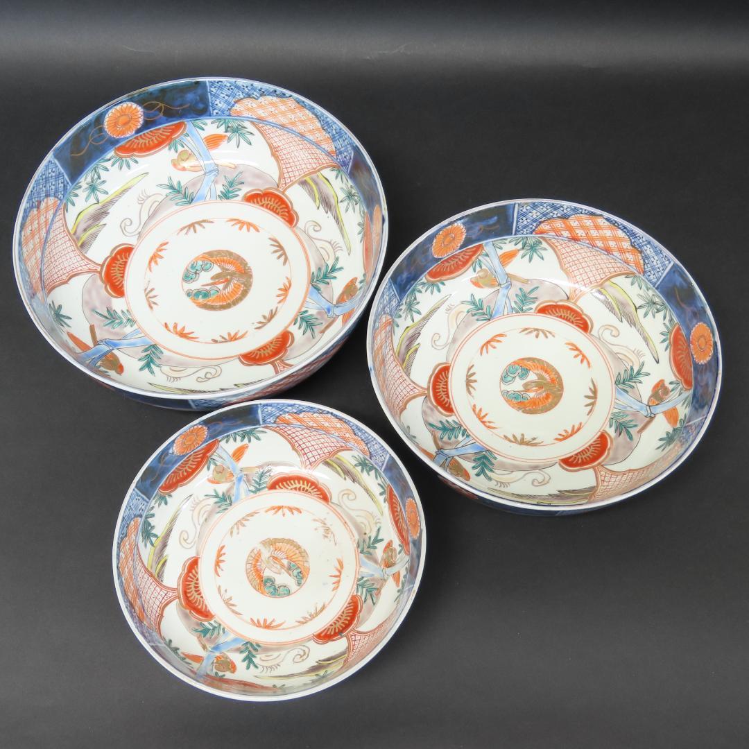 ⭕411 古伊万里 色絵錦手 三ツ鉢 菓子鉢 花鳥文 明治時代