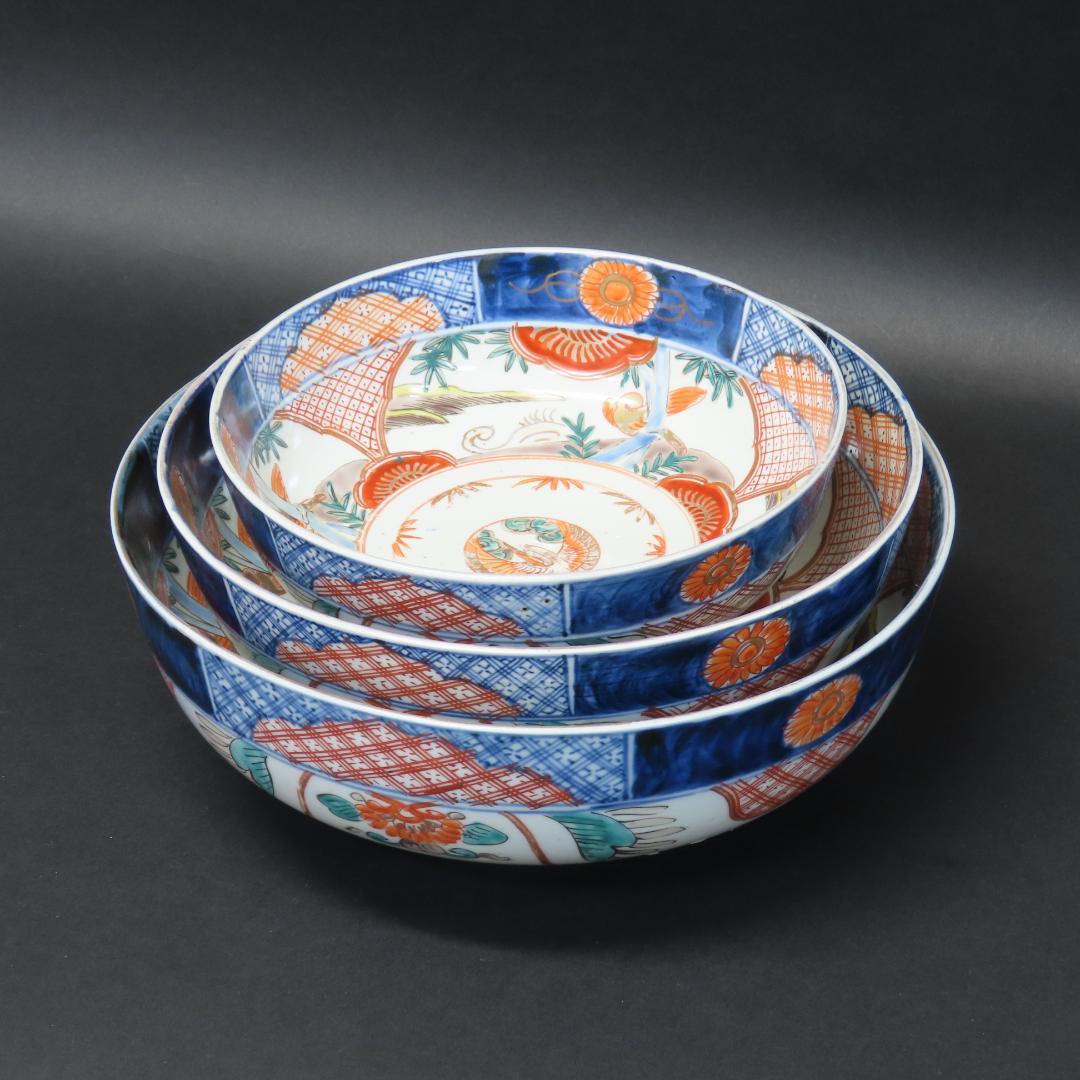 ⭕411 古伊万里 色絵錦手 三ツ鉢 菓子鉢 花鳥文 明治時代