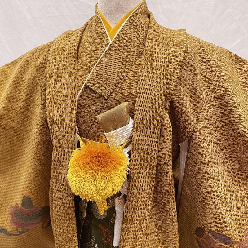 601ab49◎七五三 五歳 男児 着物&羽織&袴&角帯&長襦袢 鷹 唐茶◎美品
