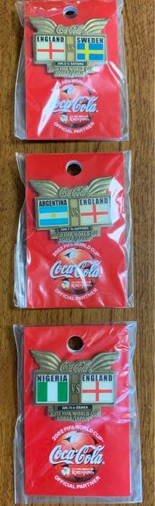 '02日韓WCコカコーラEngland予選3試合ピンズ(対戦国・日程刻印)希少品