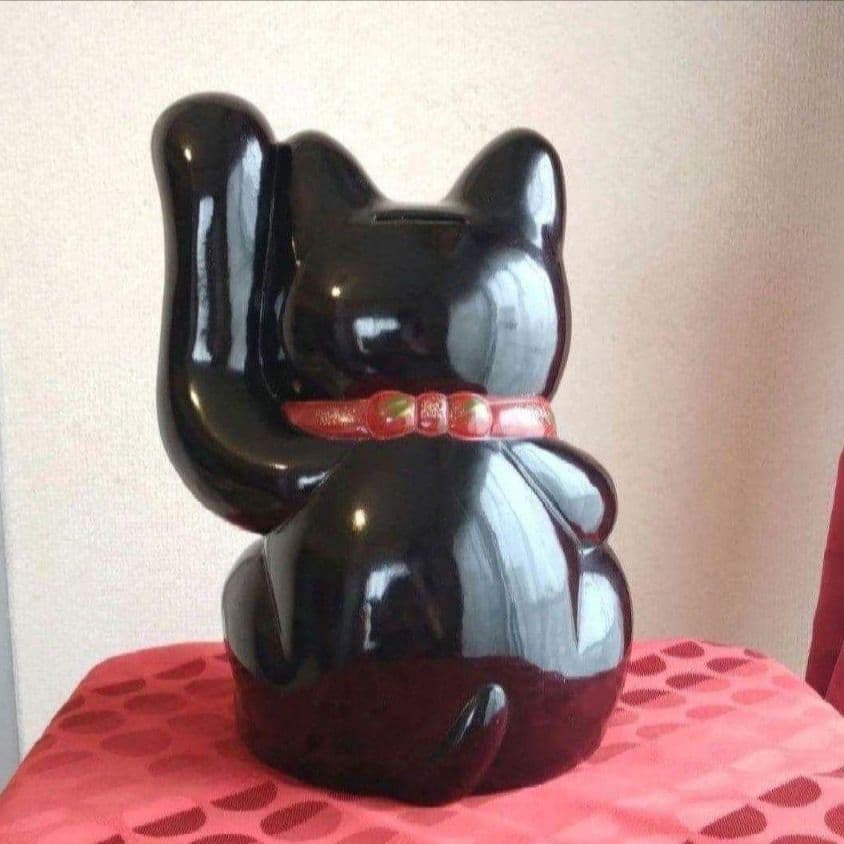 2/27迄特別値引✨存在感抜群！厄除け招き猫》黒猫左手上げ８号手長 ビンテージ
