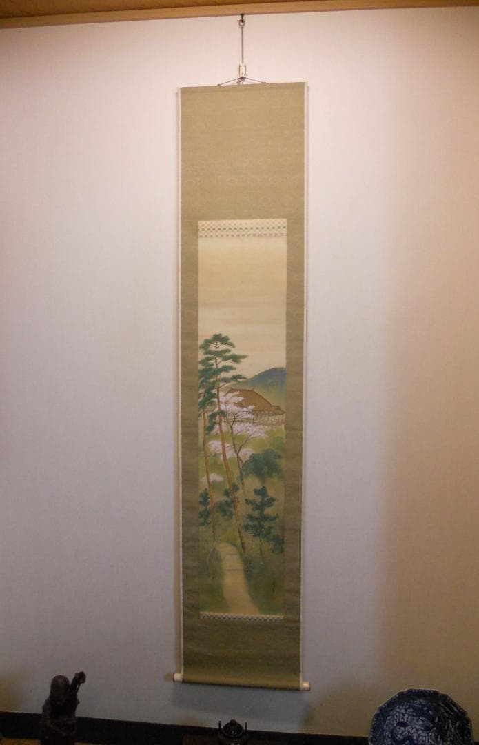 掛け軸 峰嶺 作 『 清水之桜 』 絹本 希少 軸装 茶道具 掛軸 です。