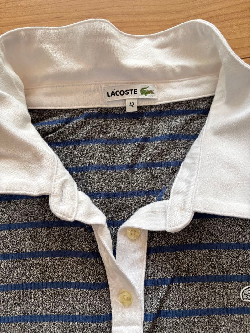 LACOSTE ネイビーとホワイトストライプ ポロシャツ 42