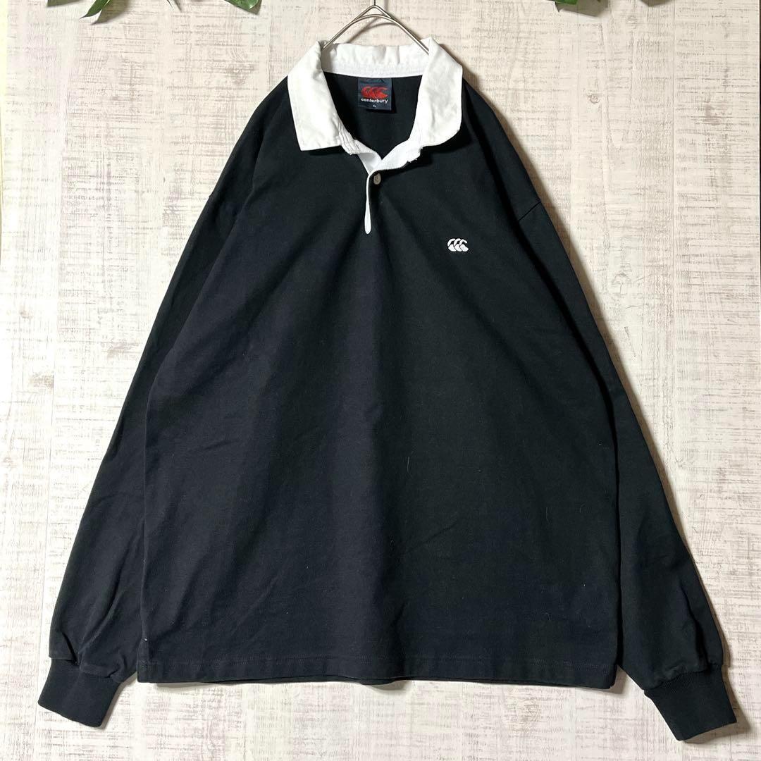 カンタベリー ラガーシャツ ロゴ刺繍 ワンポイント しっかり綿 黒 大きい XL
