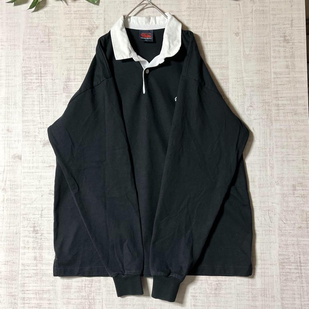 カンタベリー ラガーシャツ ロゴ刺繍 ワンポイント しっかり綿 黒 大きい XL